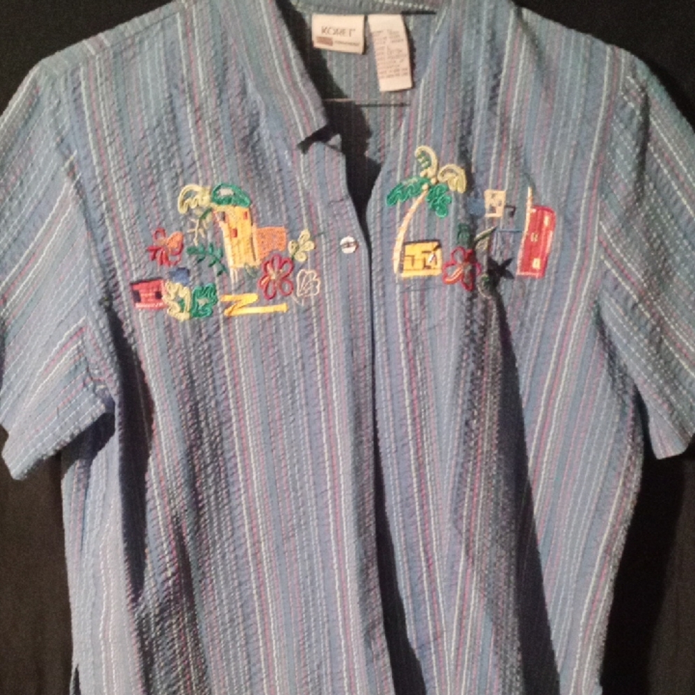 Koret Blue Striped Short-Sleeve Embroidered Button-Down Shirt